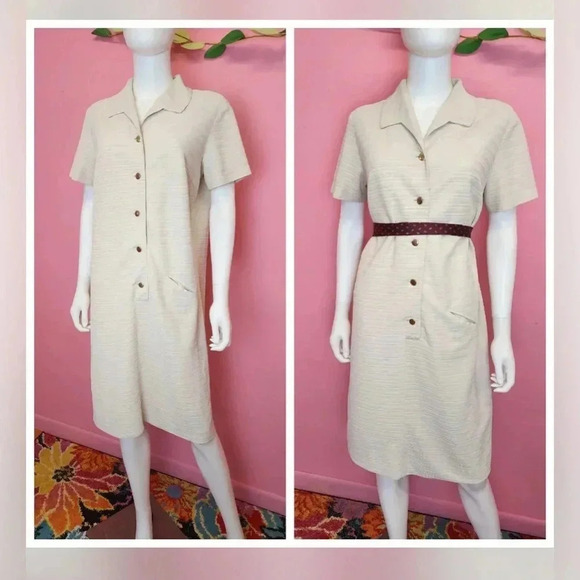 60's Beige Shift Dress with Pocket and Buttons size Large by measurements - Picture 1 of 9
